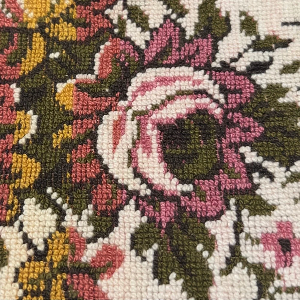 Vintage Floral Needlepoint Table Runner Pink Cream Rose Tapestry 37x13 Decor